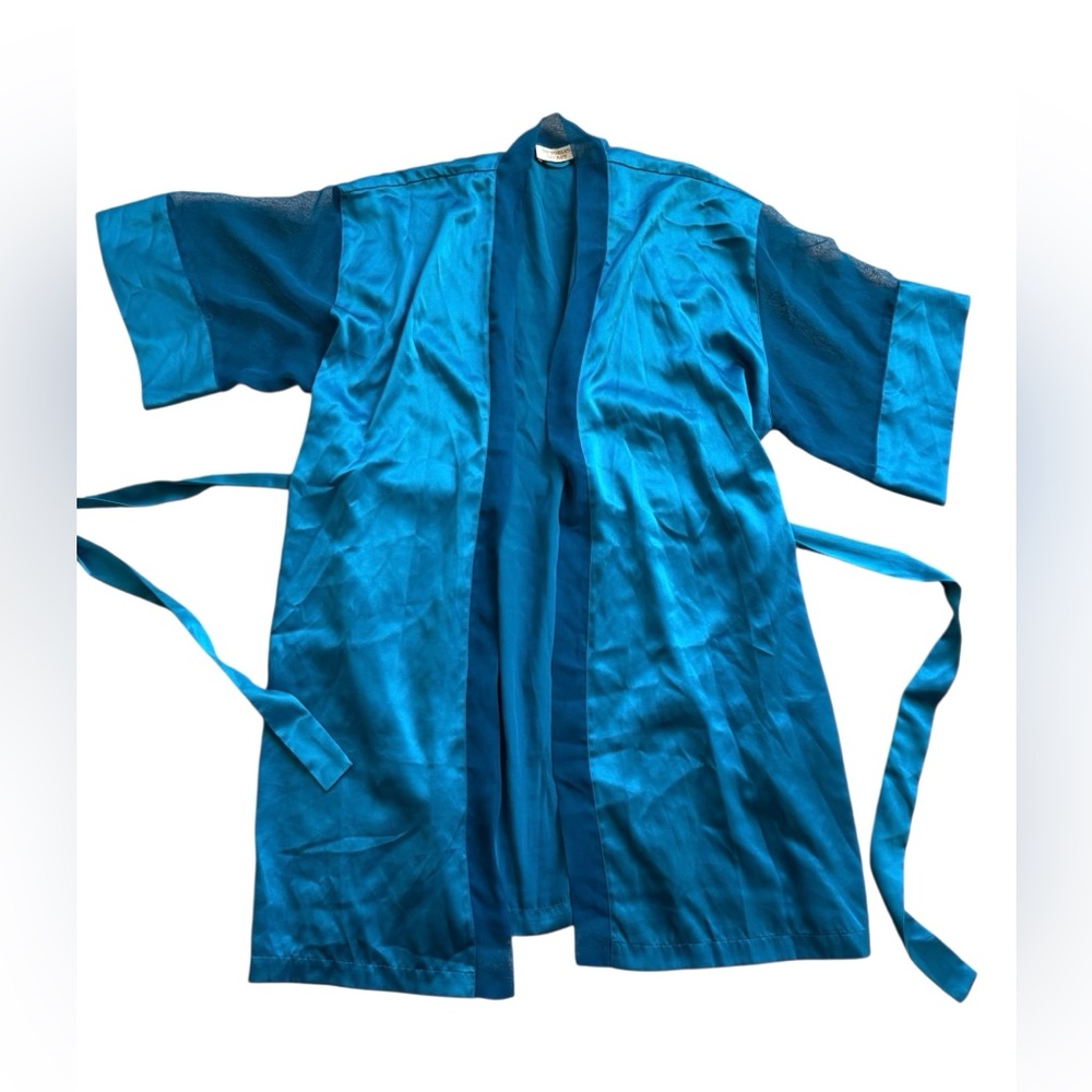 Vintage Victoria’s Secret Satin Sheer Robe Blue 90s Kimono Tie Waist OS - Picture 3 of 5